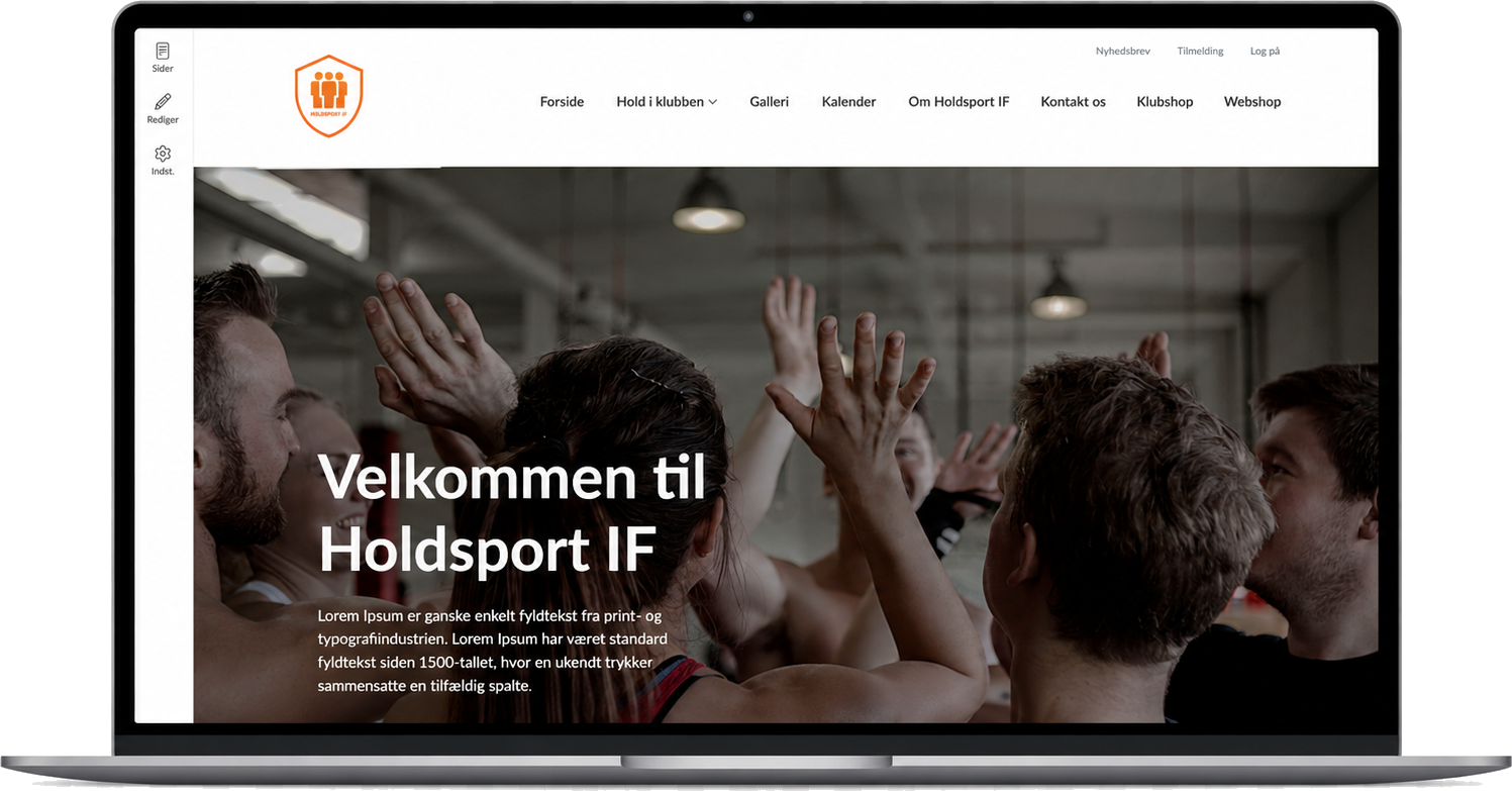 Foreningens professionelle hjemmeside i Holdsport – "Velkommen til Holdsport IF" vist på laptop